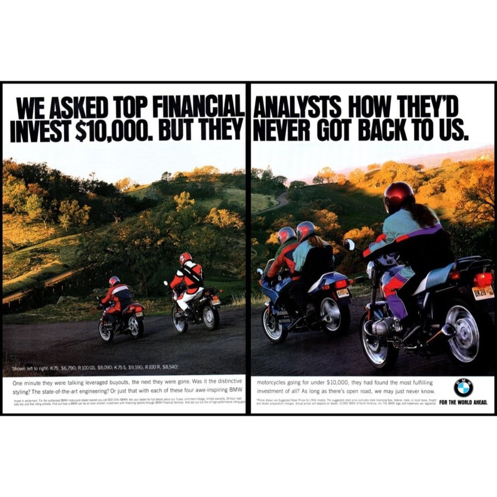1994 BMW Motorcycles K75 K100GS K100R 2 Page Vintage Print Ad Cruisers Wall Art